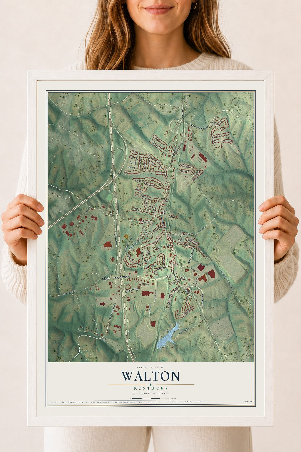 Map of Walton, Kentucky, 18 x 24 inch print in a white wood frame