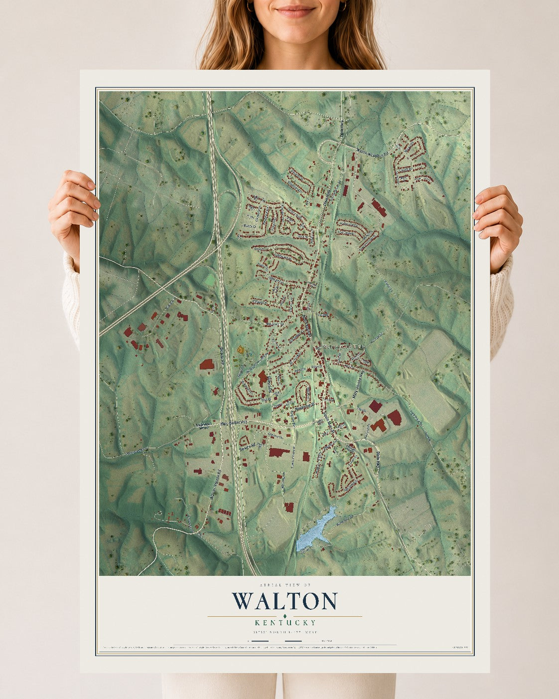 Map of Walton, Kentucky, 24 x 36 inch unframed archival matte print