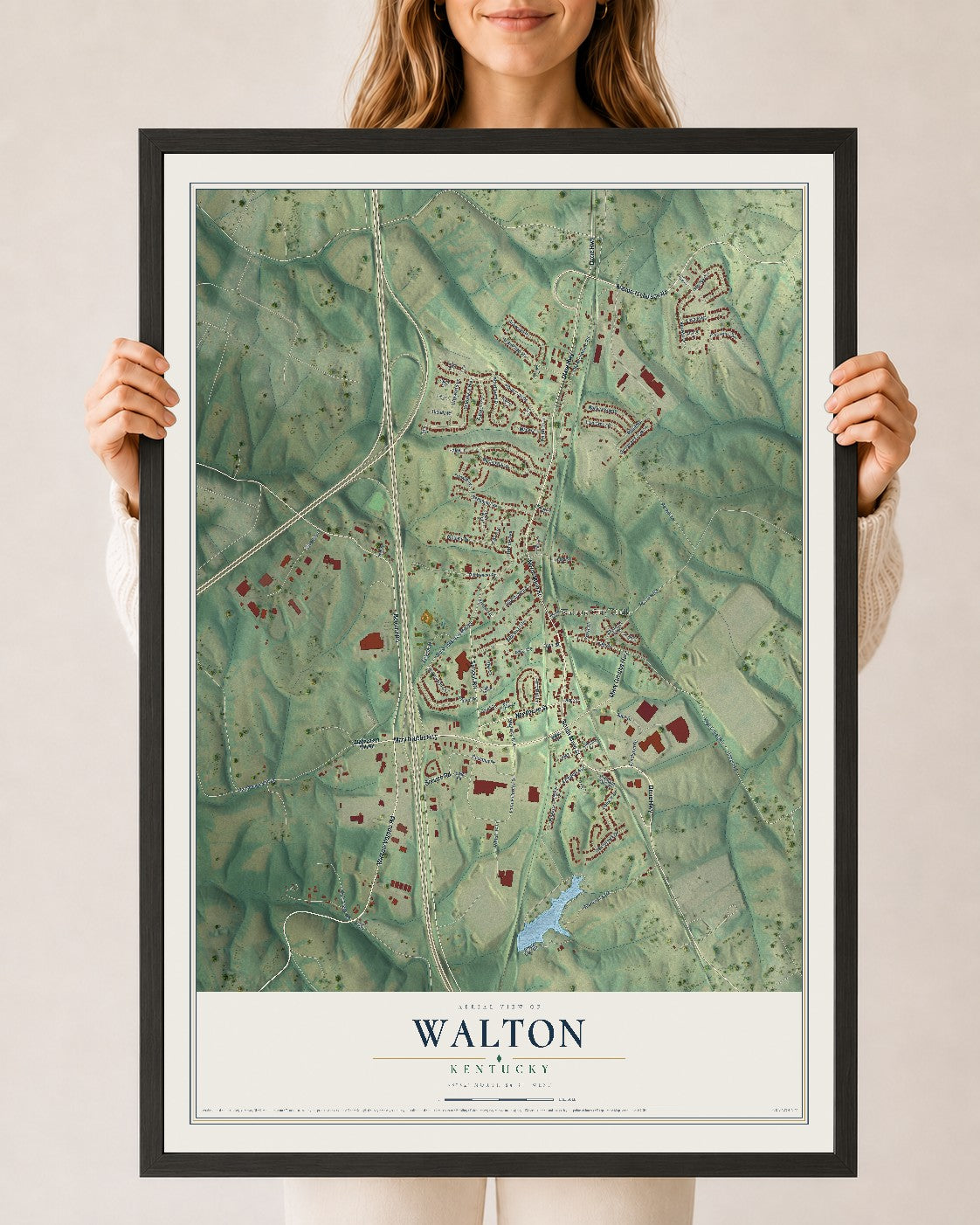 Map of Walton, Kentucky, 24 x 36 inch print in a black wood frame