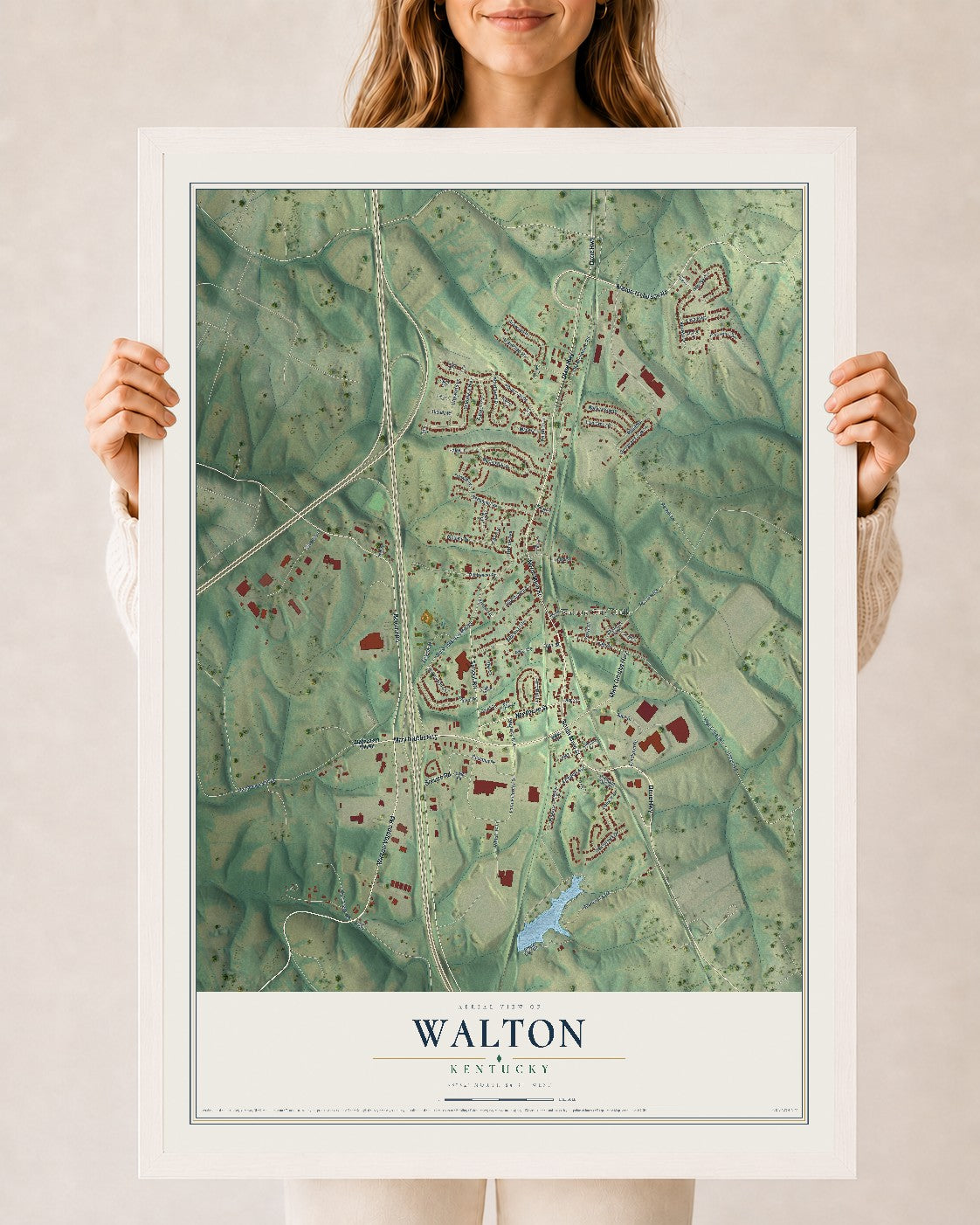 Map of Walton, Kentucky, 24 x 36 inch print in a white wood frame
