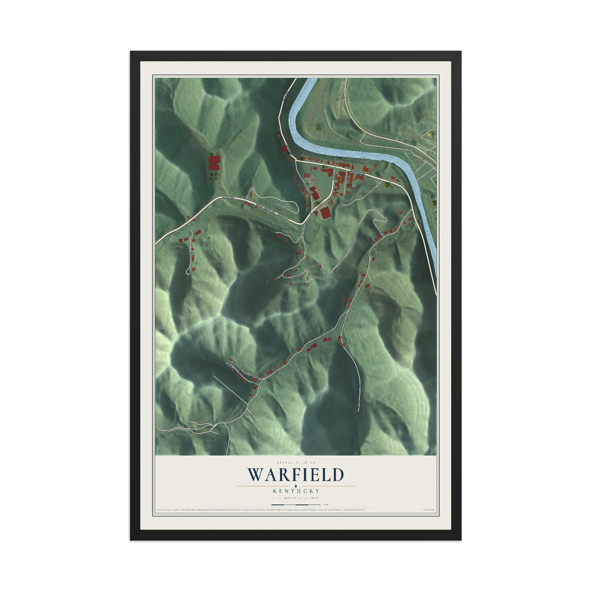 Map of Warfield, Kentucky, 12 x 18 inch print in a black wood frame