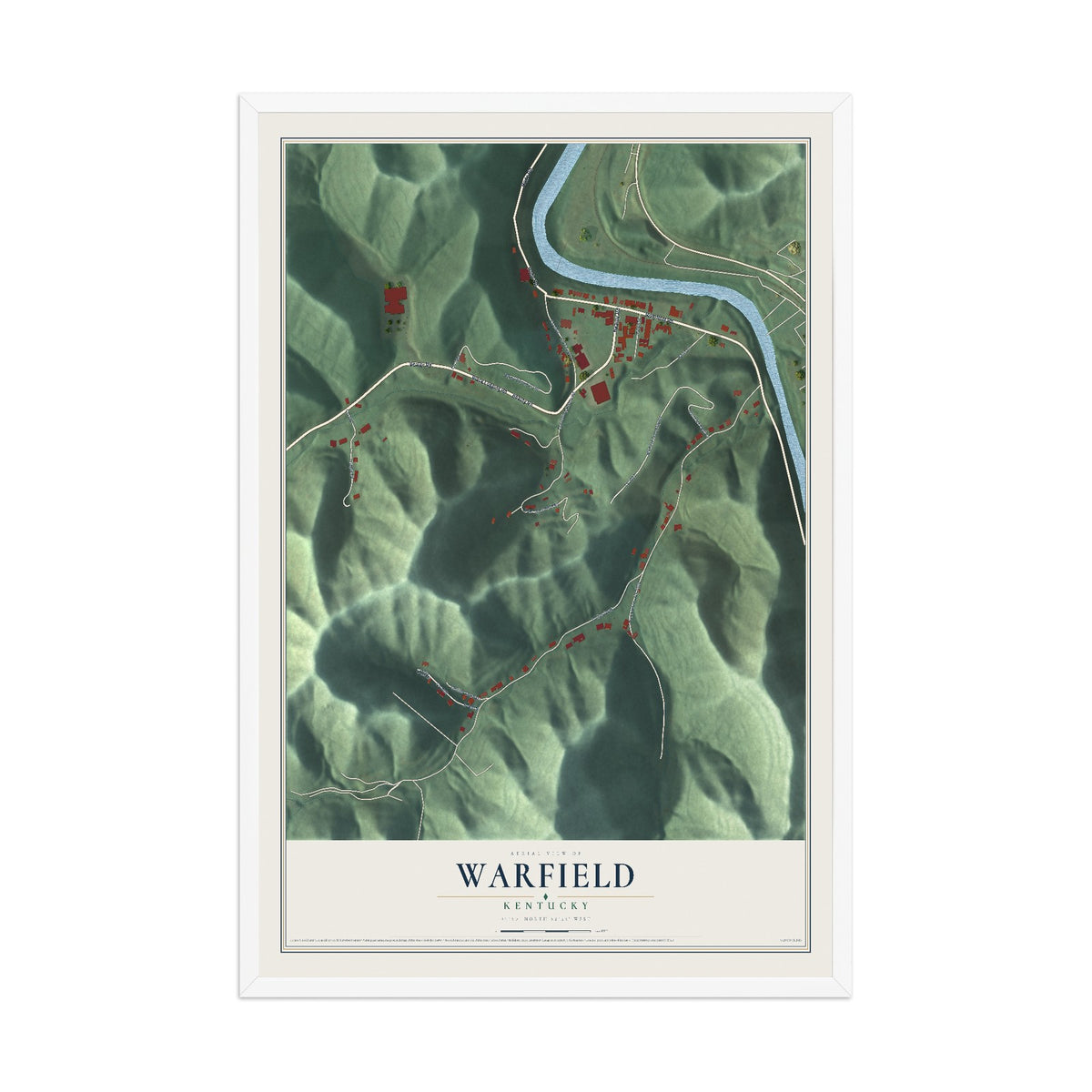 Map of Warfield, Kentucky, 12 x 18 inch print in a white wood frame