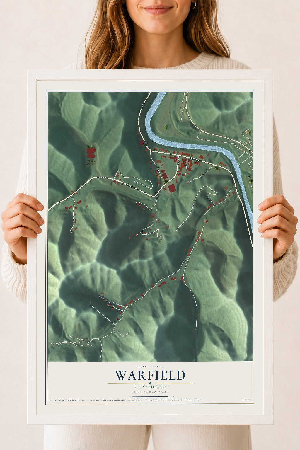 Map of Warfield, Kentucky, 18 x 24 inch print in a white wood frame