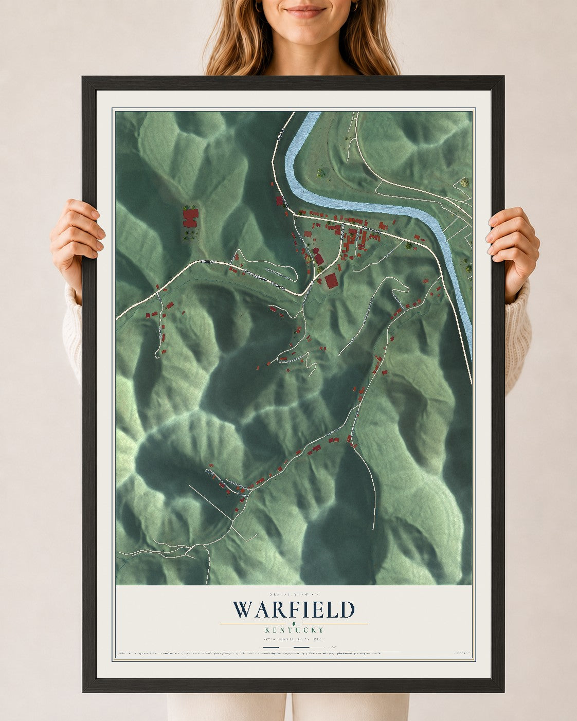 Map of Warfield, Kentucky, 24 x 36 inch print in a black wood frame
