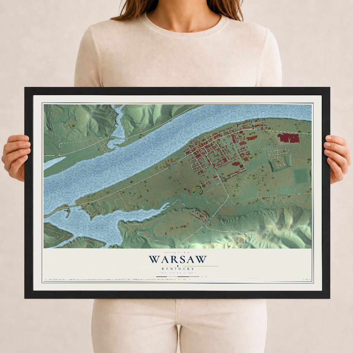 Map of Warsaw, Kentucky, 12 x 18 inch print in a black wood frame