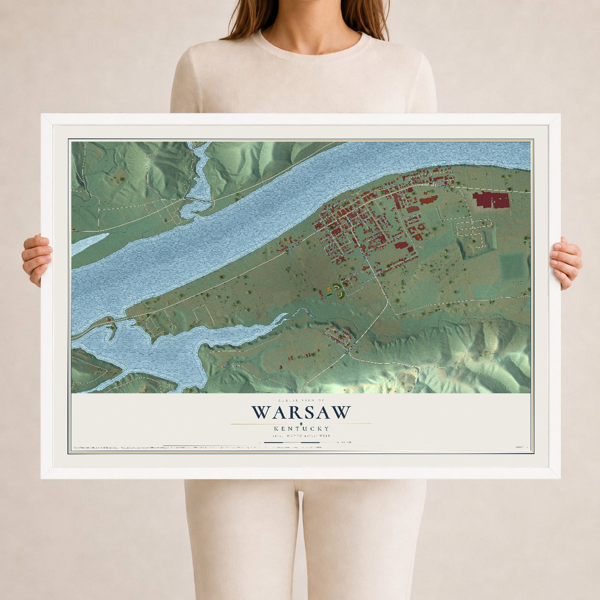 Map of Warsaw, Kentucky, 24 x 36 inch print in a white wood frame