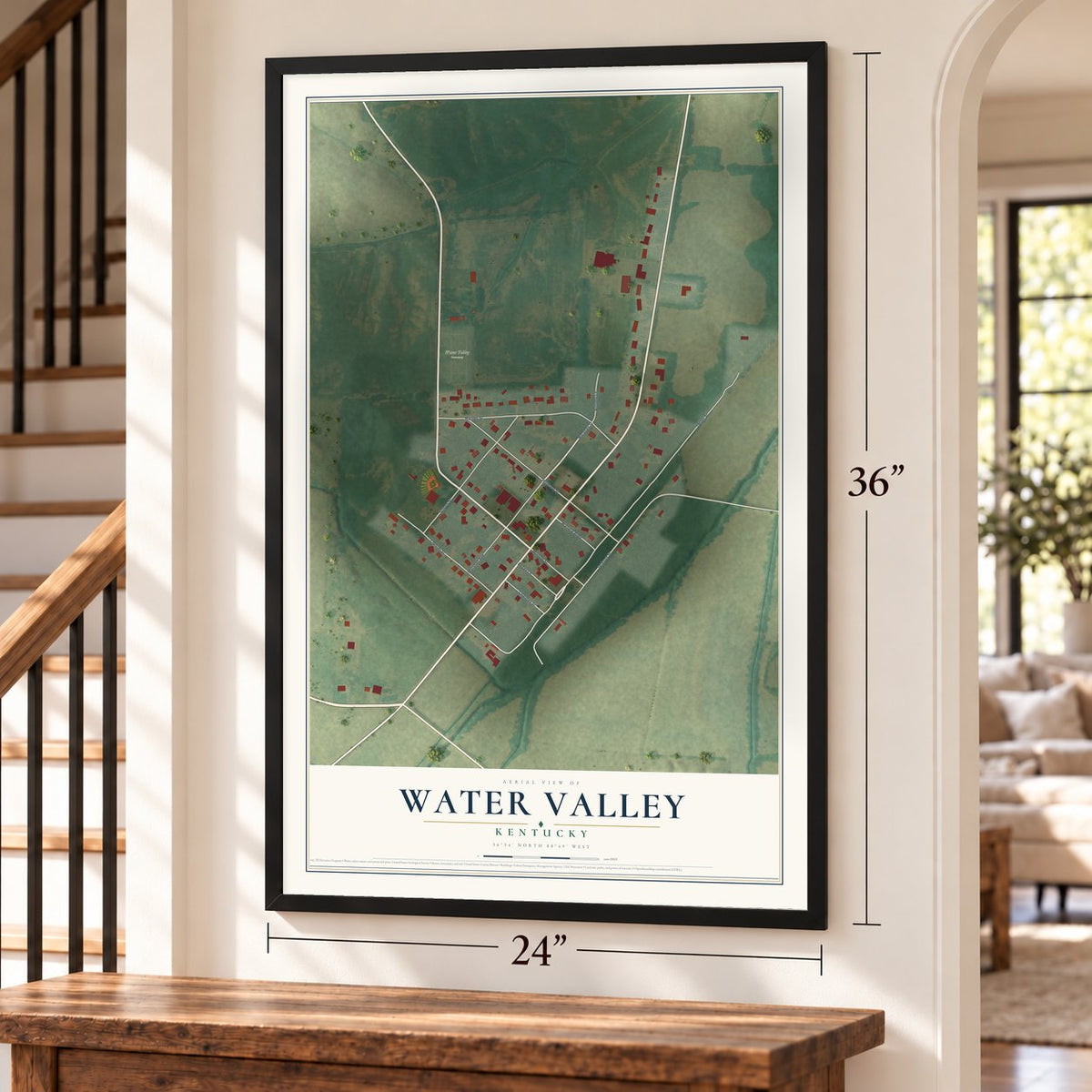 Water Valley, Kentucky map, 24 x 36 inch print in a black frame by a staircase