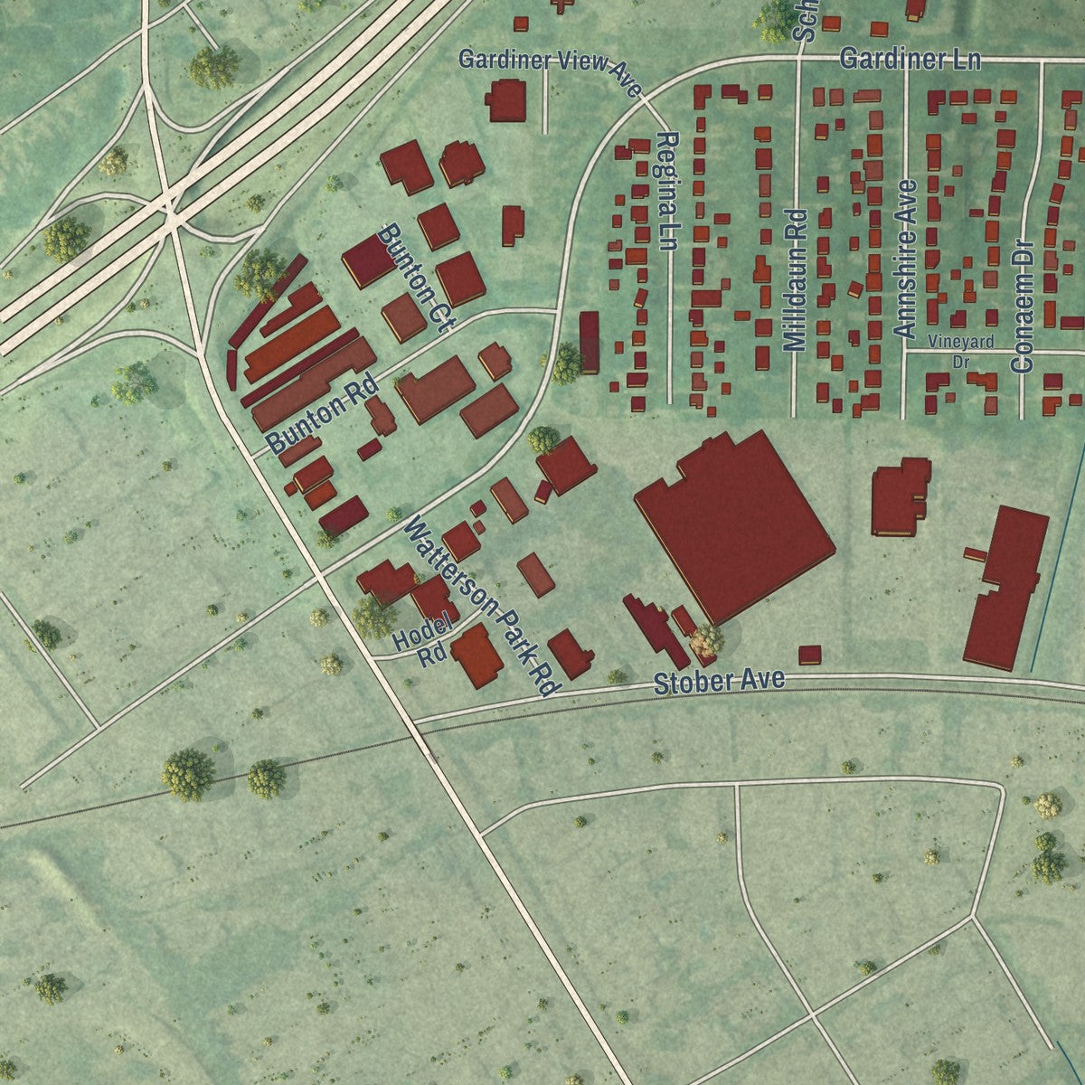 Close-up of the map of Watterson Park, Kentucky print showing street and building detail