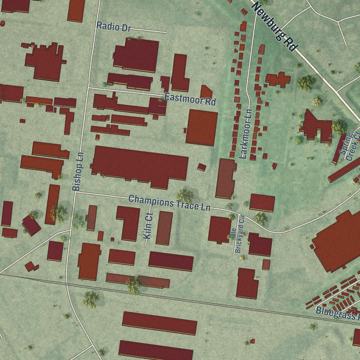 Second close-up of the map of Watterson Park, Kentucky print showing more streets and buildings