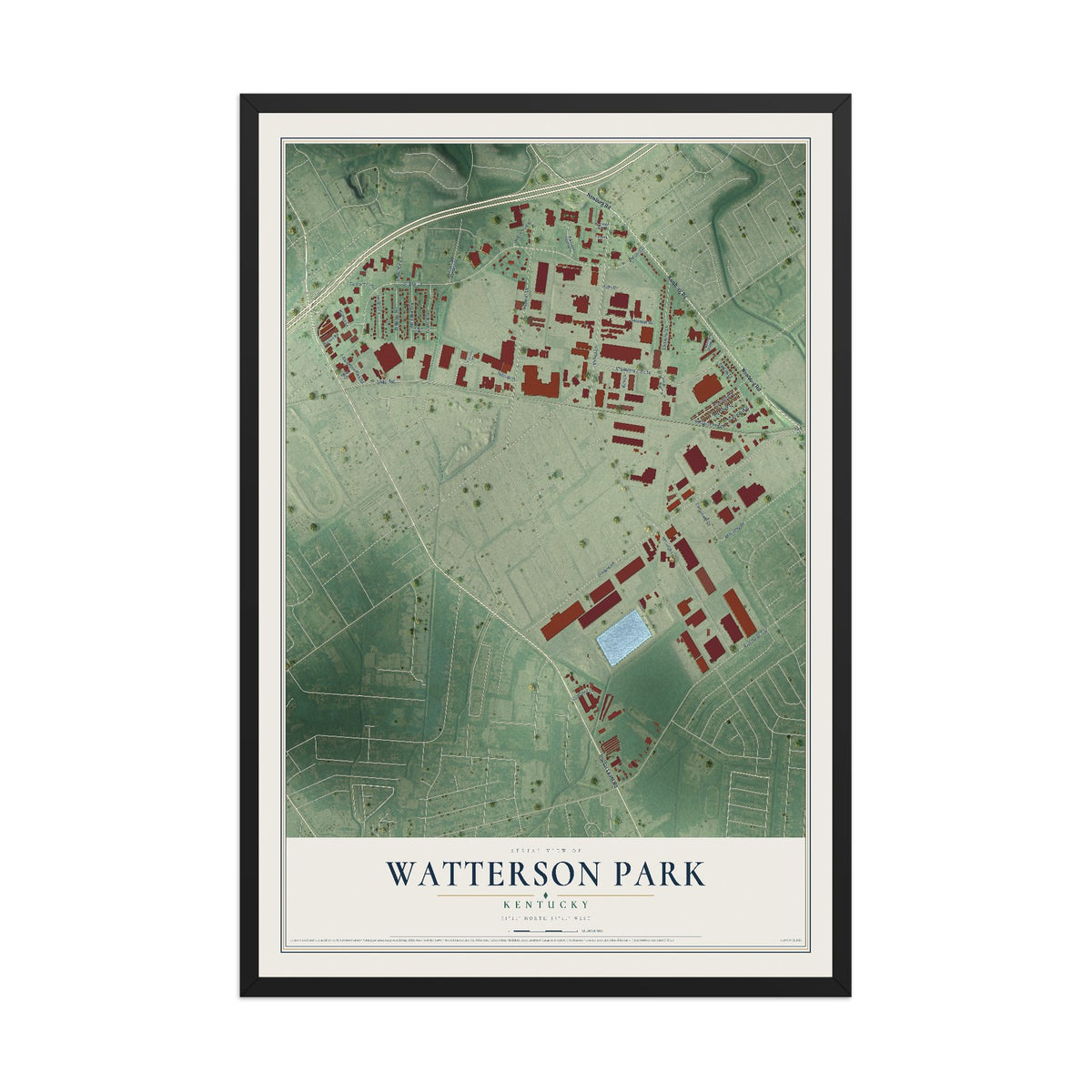 Map of Watterson Park, Kentucky, 12 x 18 inch print in a black wood frame