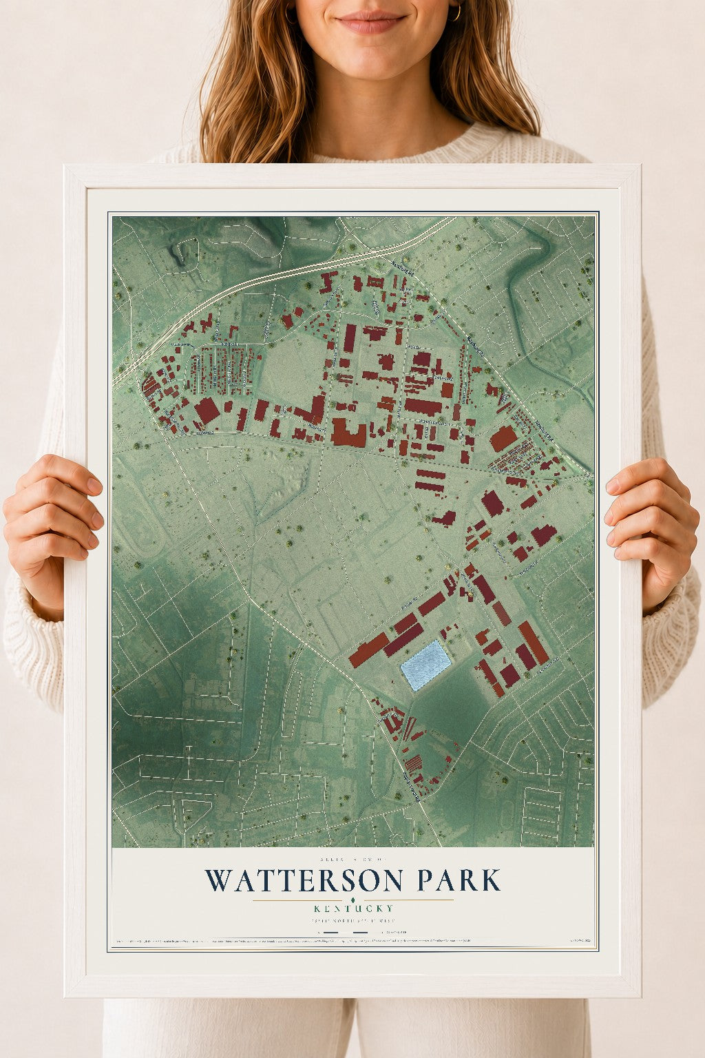 Map of Watterson Park, Kentucky, 18 x 24 inch print in a white wood frame