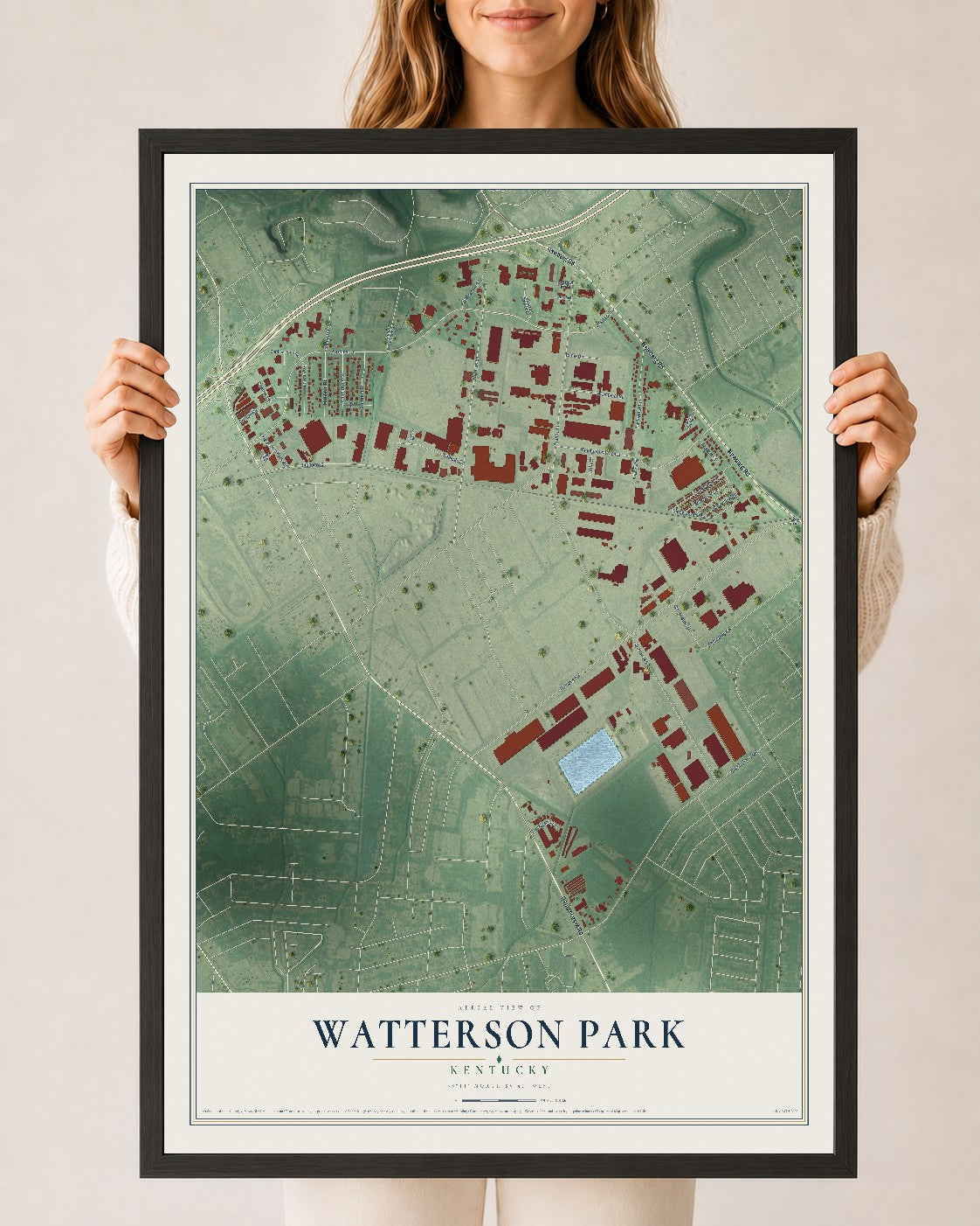 Map of Watterson Park, Kentucky, 24 x 36 inch print in a black wood frame