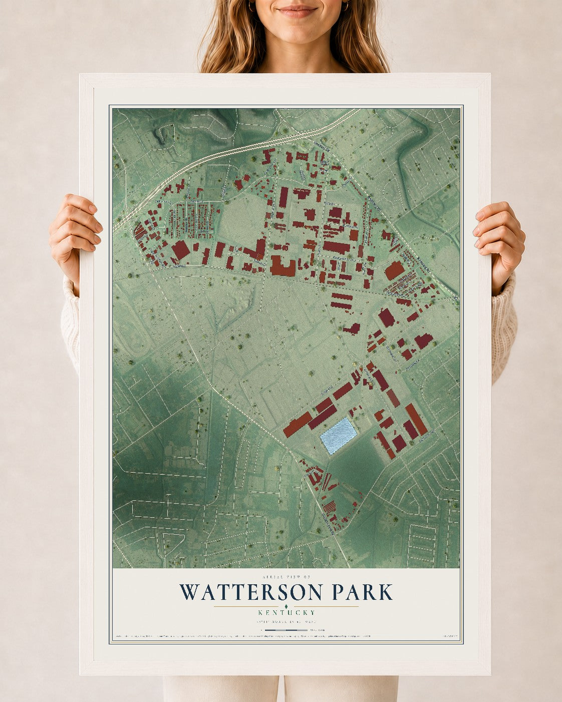 Map of Watterson Park, Kentucky, 24 x 36 inch print in a white wood frame