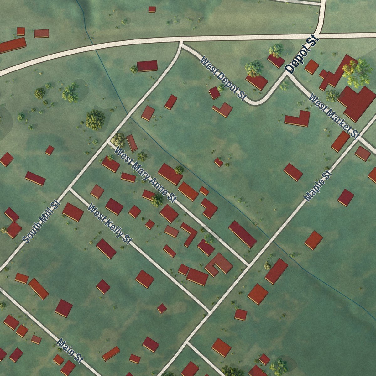 Close-up of the map of Waverly, Kentucky print showing street and building detail