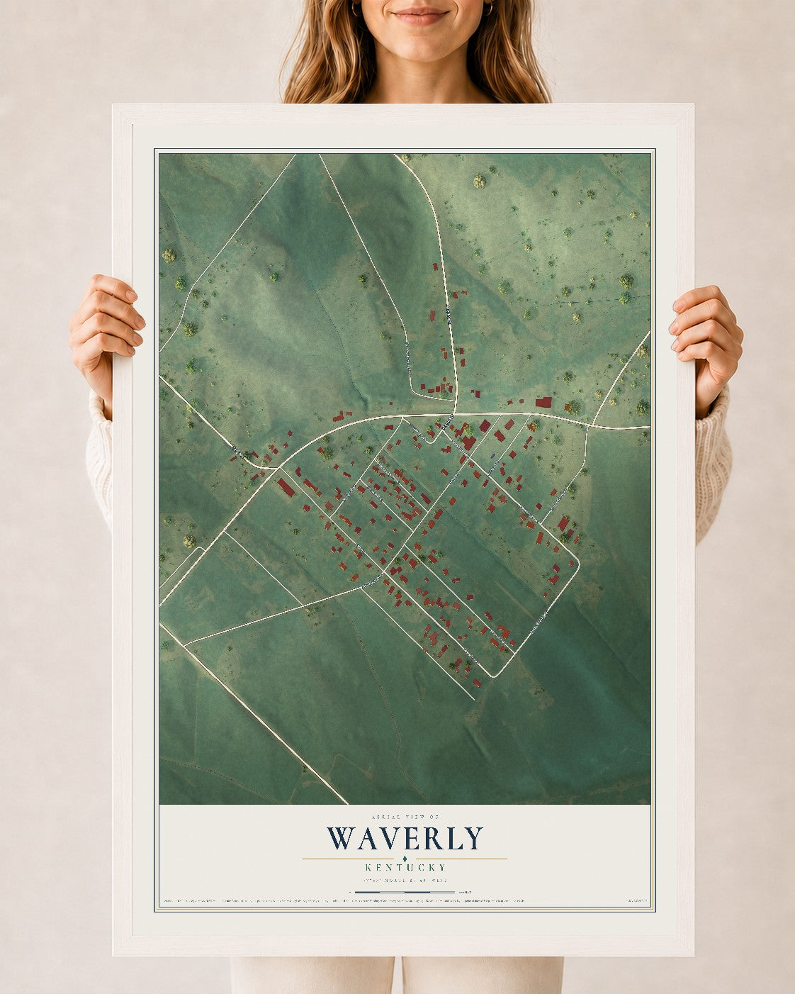 Map of Waverly, Kentucky, 24 x 36 inch print in a white wood frame