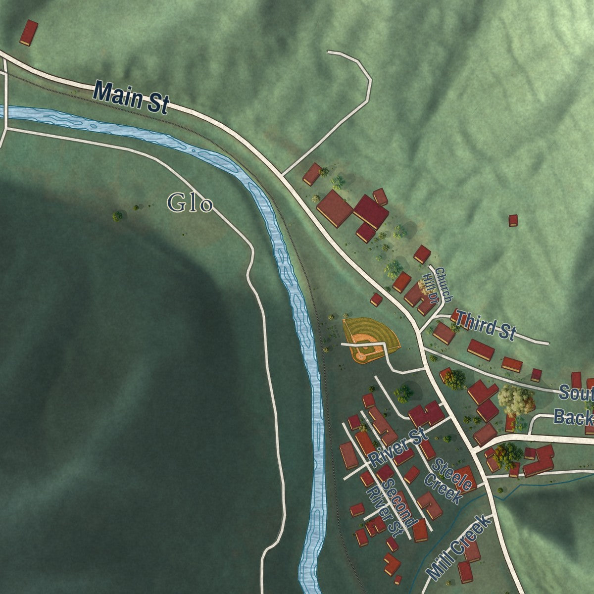 Close-up of the map of Wayland, Kentucky print showing street and building detail