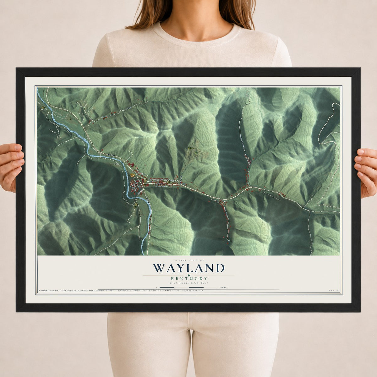 Map of Wayland, Kentucky, 18 x 24 inch print in a black wood frame