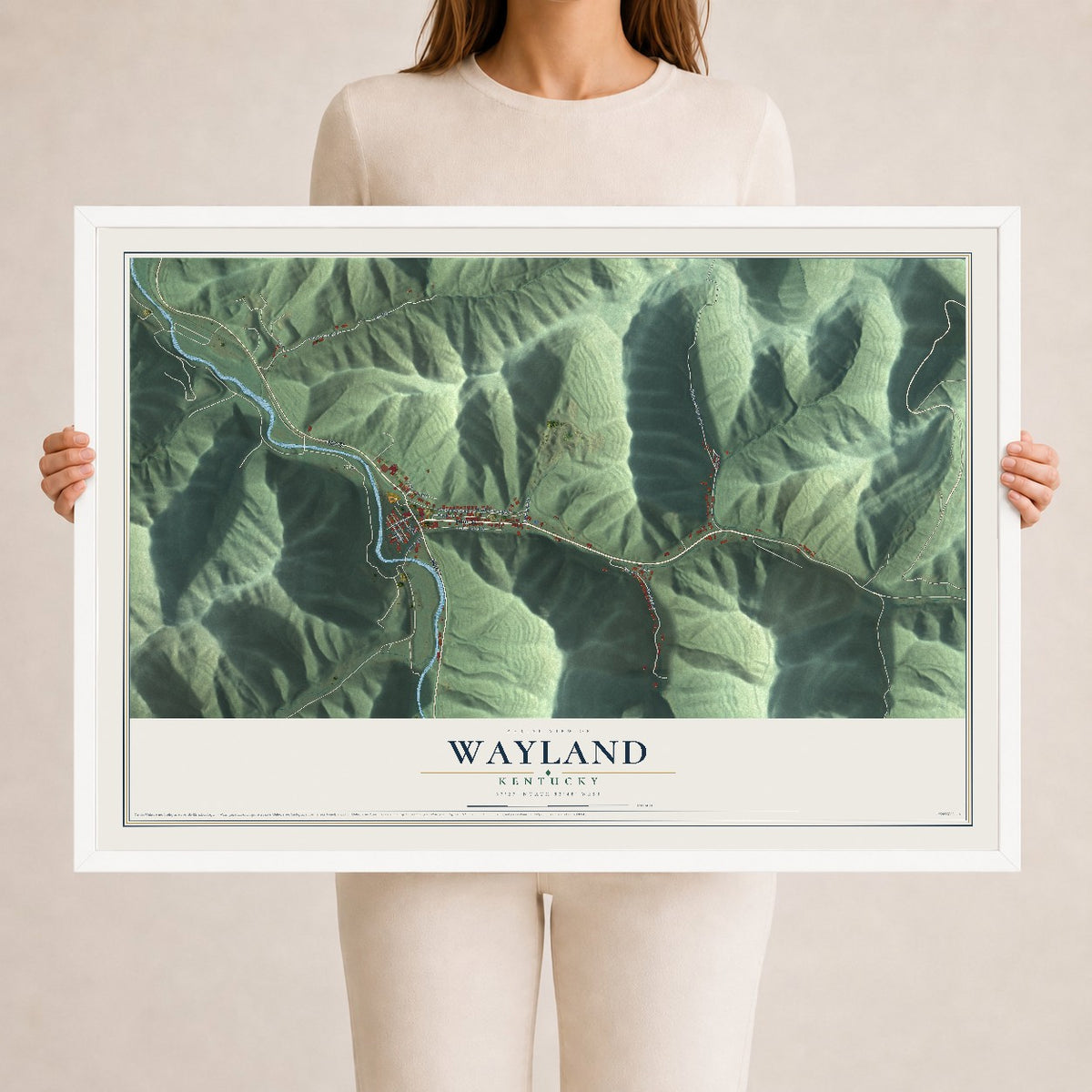 Map of Wayland, Kentucky, 24 x 36 inch print in a white wood frame
