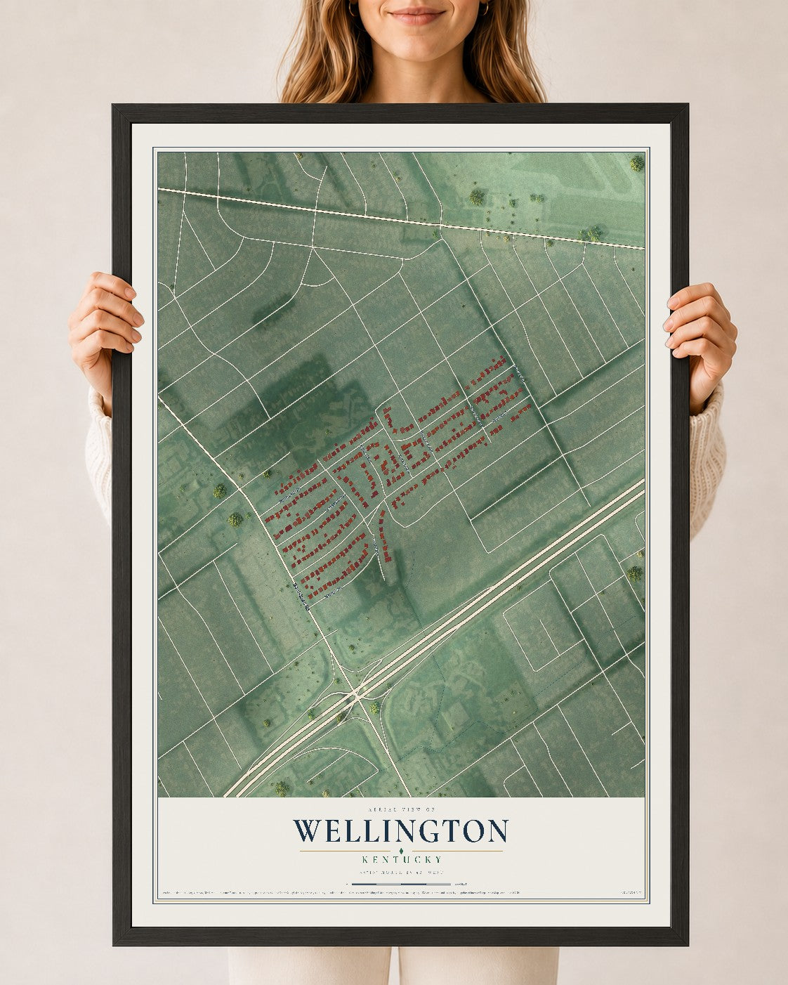 Map of Wellington, Kentucky, 24 x 36 inch print in a black wood frame