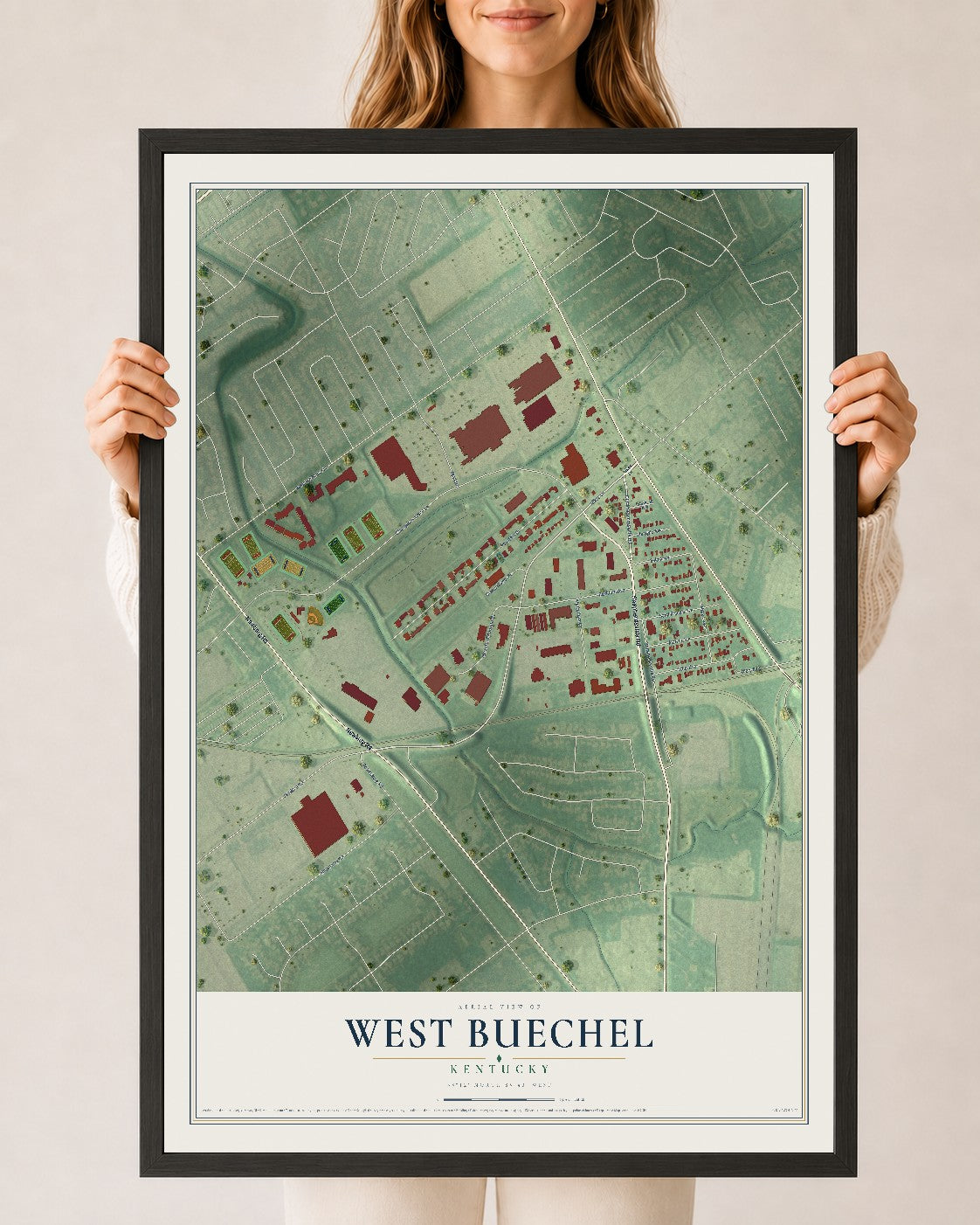Map of West Buechel, Kentucky, 24 x 36 inch print in a black wood frame