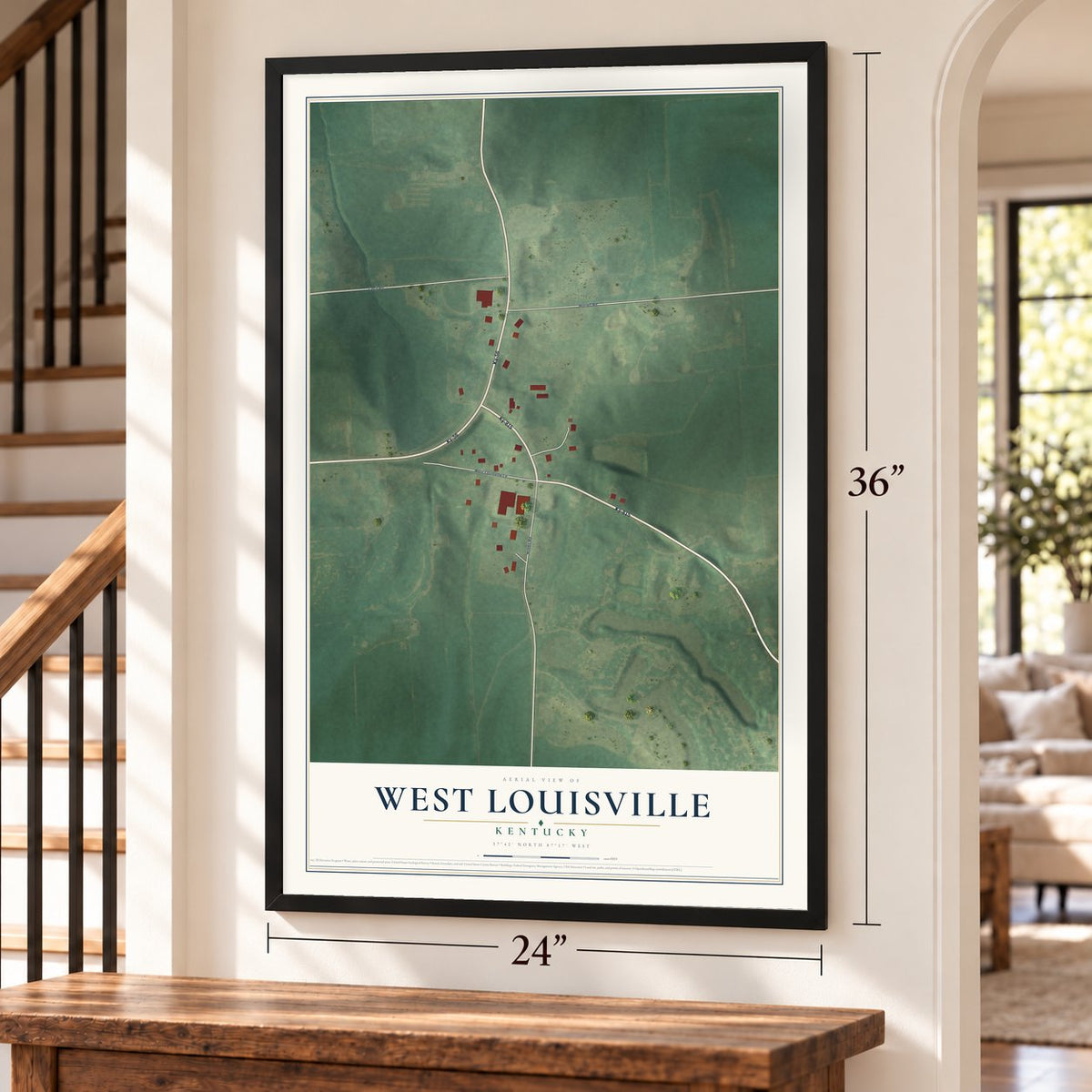West Louisville, Kentucky map, 24 x 36 inch print in a black frame by a staircase