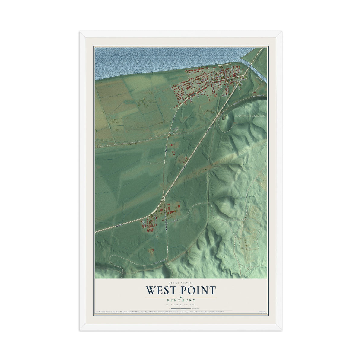 Map of West Point, Kentucky, 12 x 18 inch print in a white wood frame