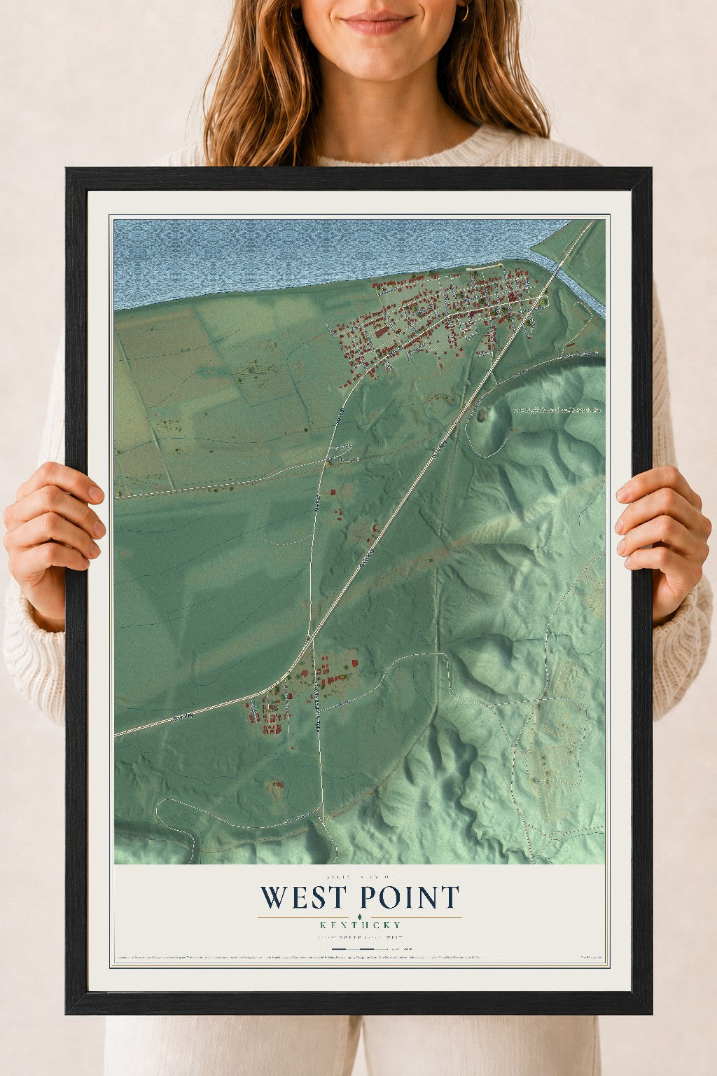 Map of West Point, Kentucky, 18 x 24 inch print in a black wood frame