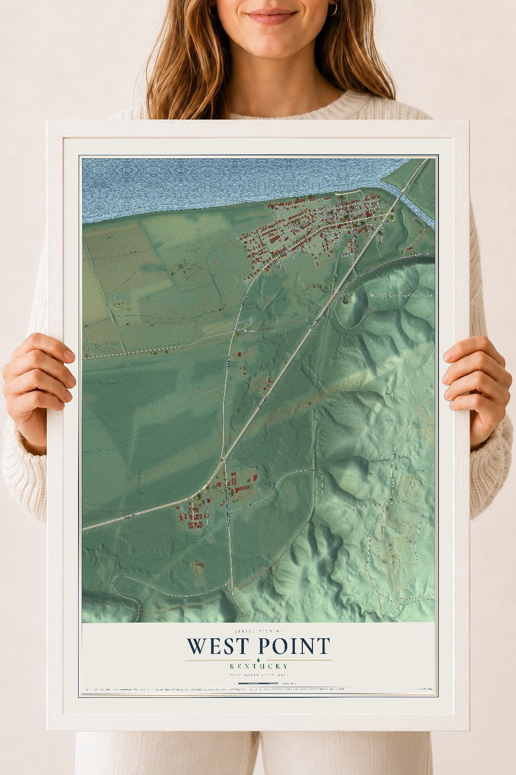 Map of West Point, Kentucky, 18 x 24 inch print in a white wood frame