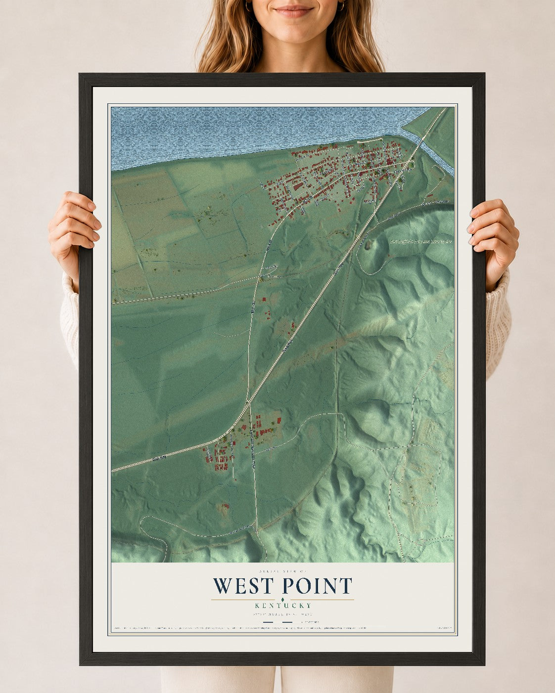 Map of West Point, Kentucky, 24 x 36 inch print in a black wood frame