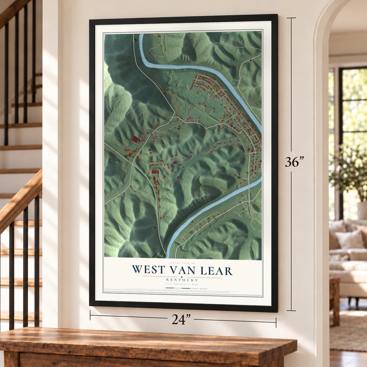 West Van Lear, Kentucky map, 24 x 36 inch print in a black frame by a staircase