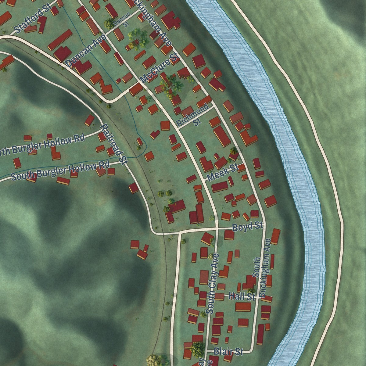 Close-up of the map of West Van Lear, Kentucky print showing street and building detail