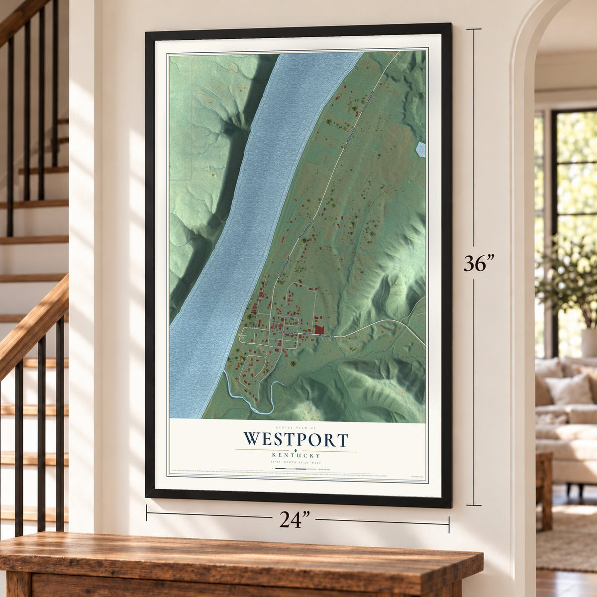 Westport, Kentucky map, 24 x 36 inch print in a black frame by a staircase