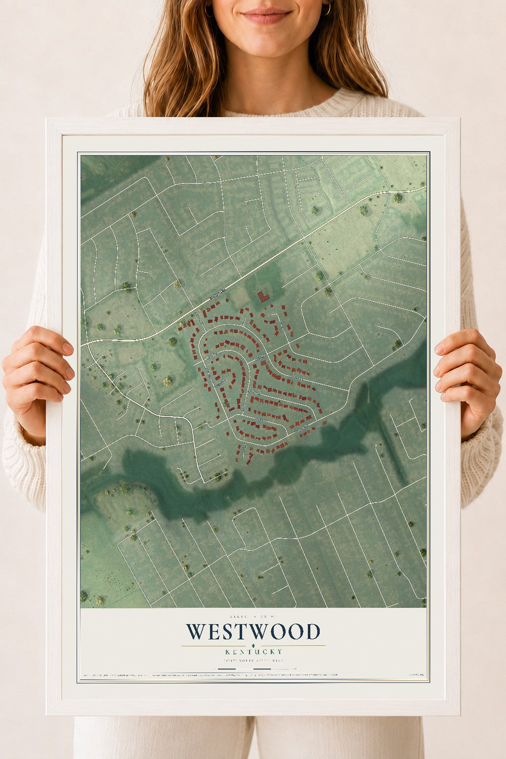 Map of Westwood, Kentucky, 18 x 24 inch print in a white wood frame