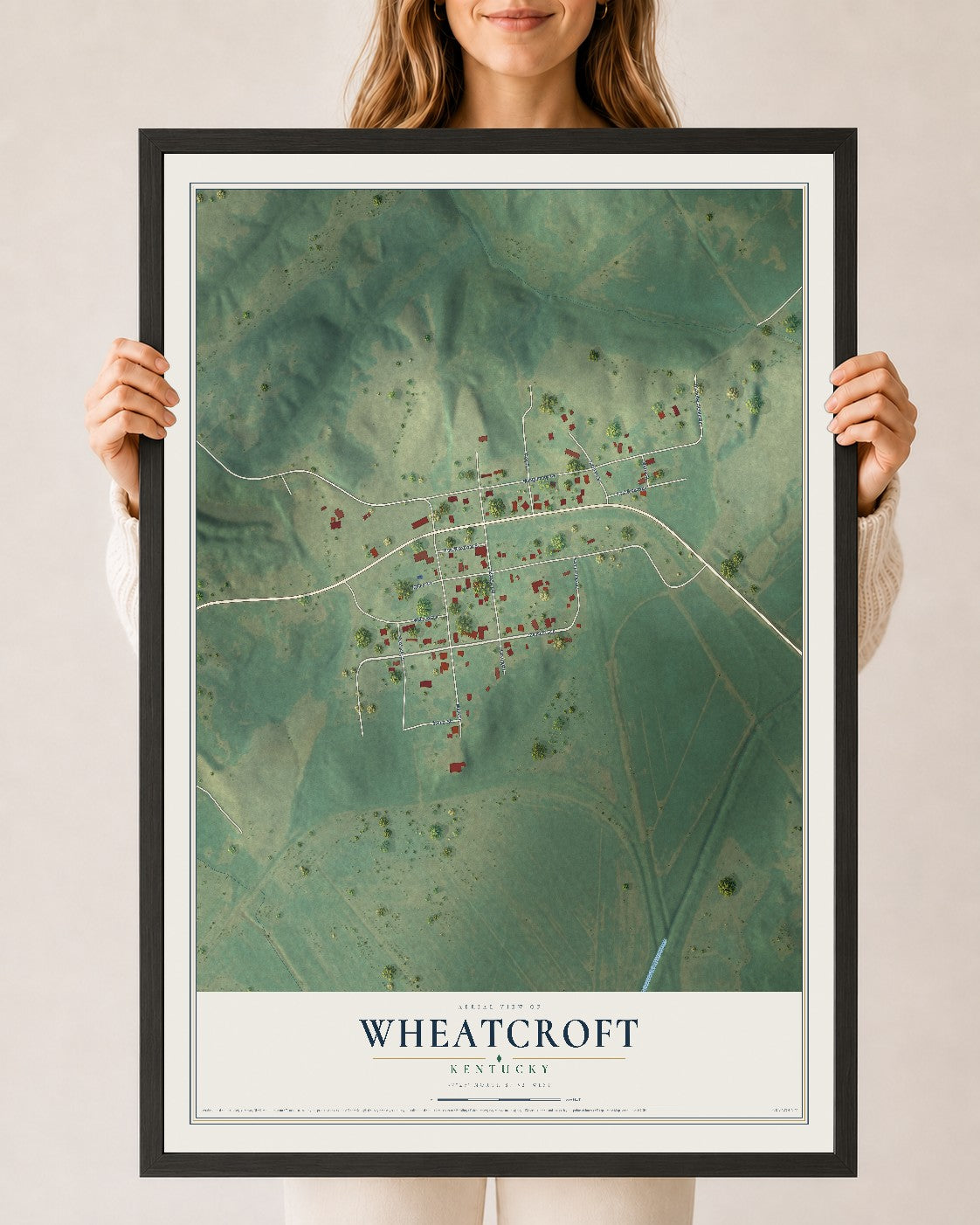 Map of Wheatcroft, Kentucky, 24 x 36 inch print in a black wood frame
