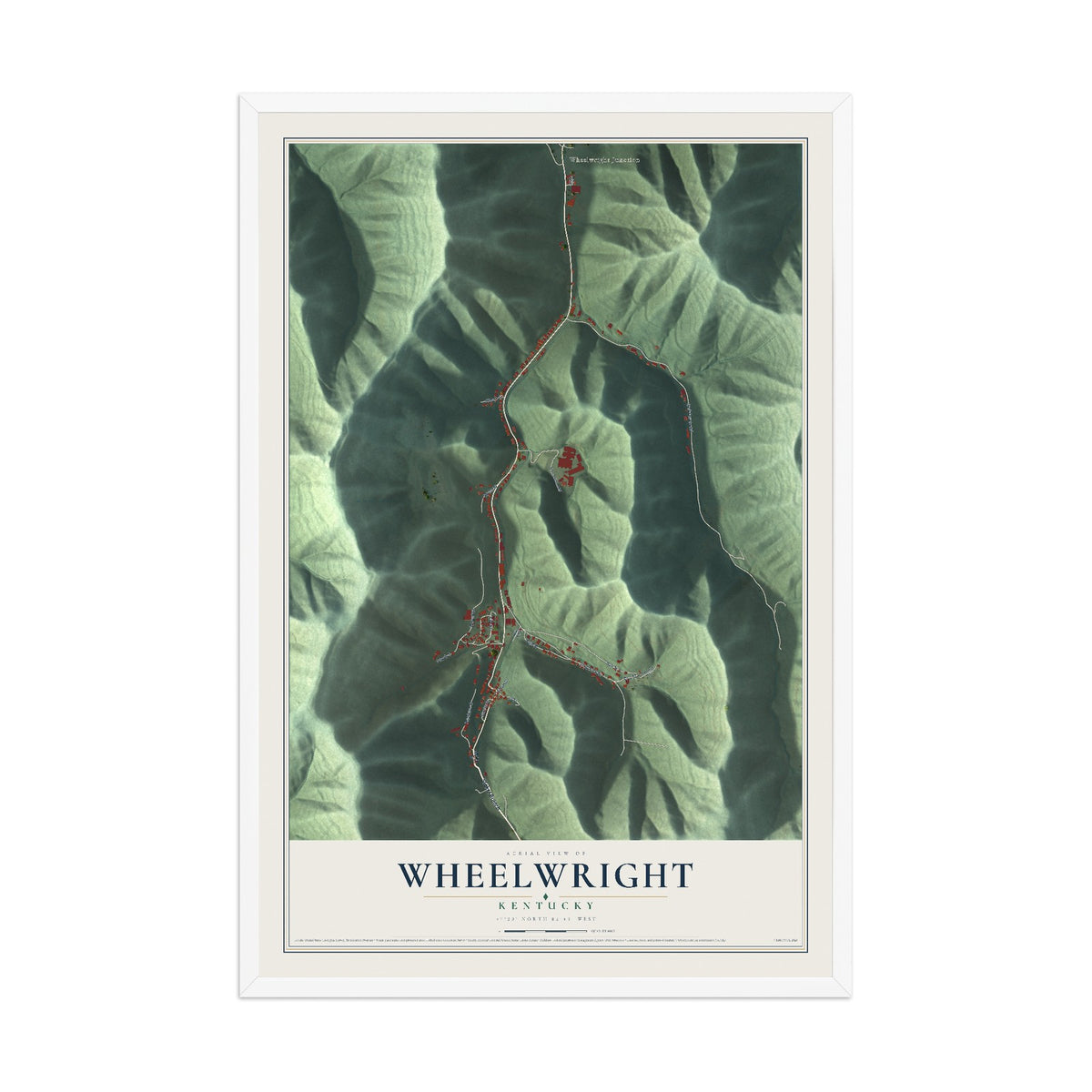 Map of Wheelwright, Kentucky, 12 x 18 inch print in a white wood frame