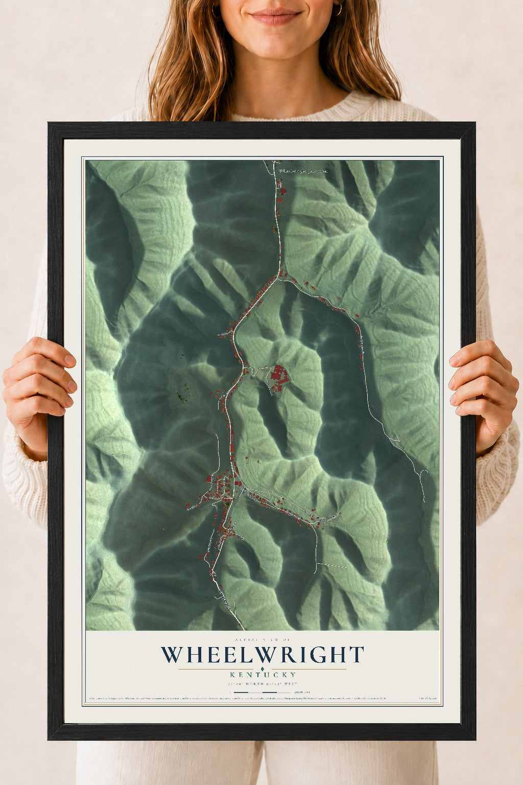 Map of Wheelwright, Kentucky, 18 x 24 inch print in a black wood frame