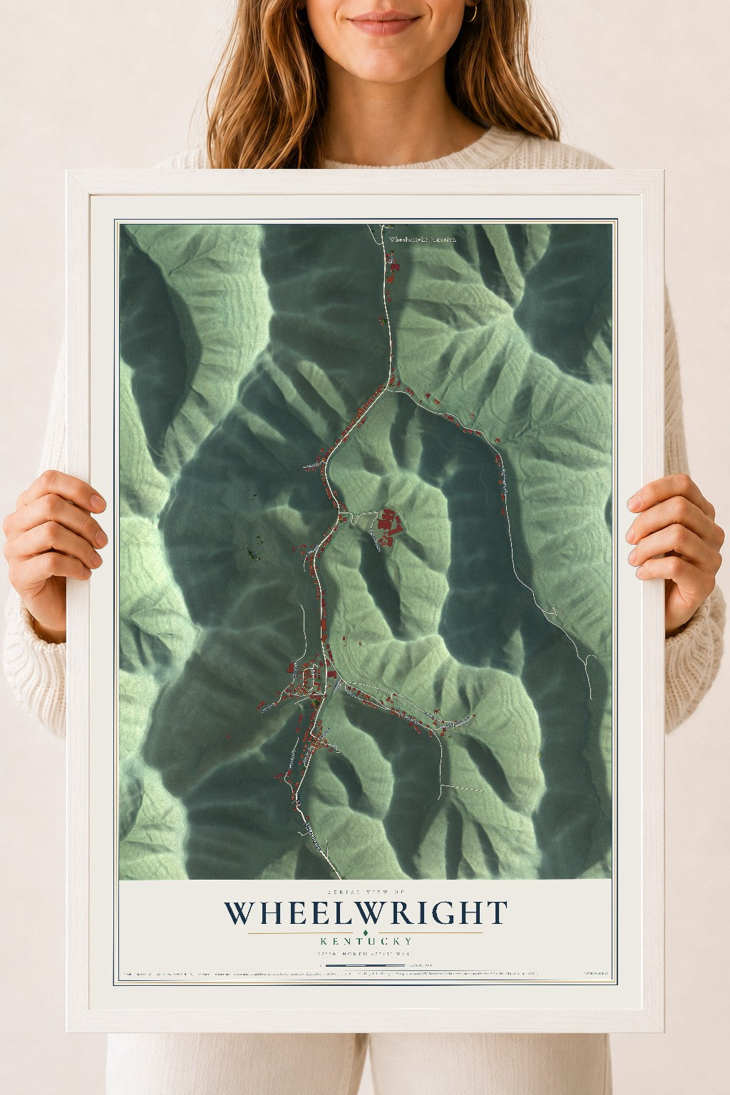 Map of Wheelwright, Kentucky, 18 x 24 inch print in a white wood frame