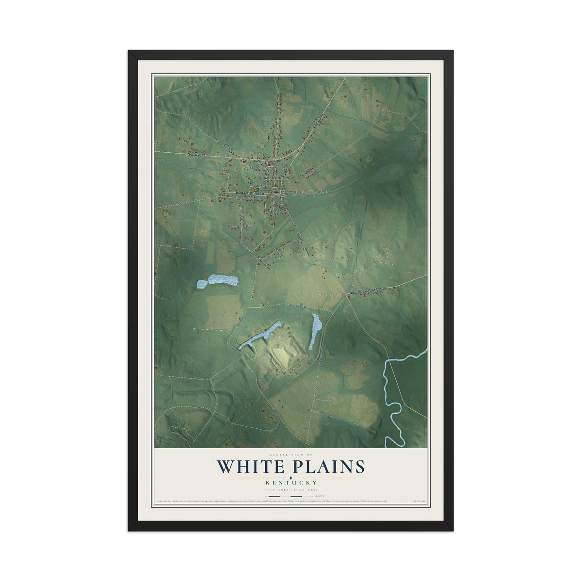 Map of White Plains, Kentucky, 12 x 18 inch print in a black wood frame