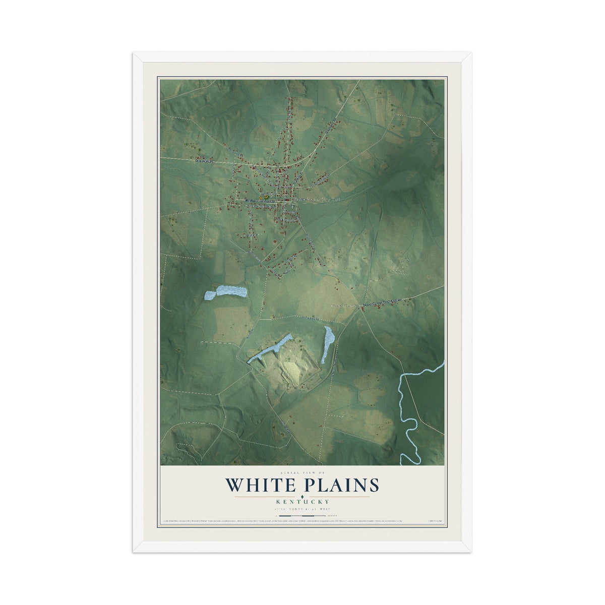 Map of White Plains, Kentucky, 12 x 18 inch print in a white wood frame