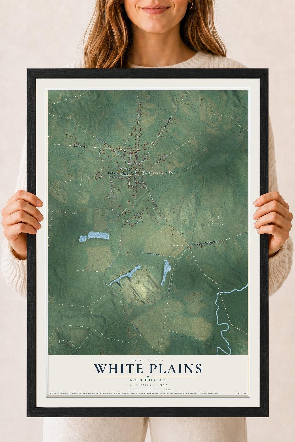 Map of White Plains, Kentucky, 18 x 24 inch print in a black wood frame