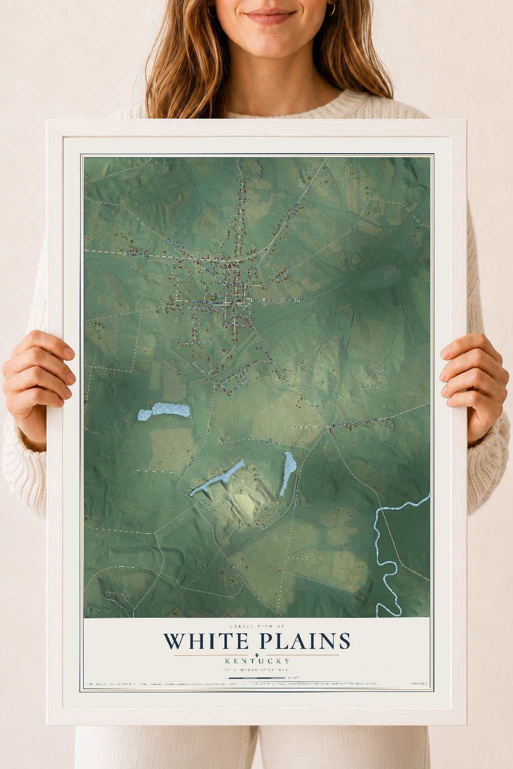 Map of White Plains, Kentucky, 18 x 24 inch print in a white wood frame