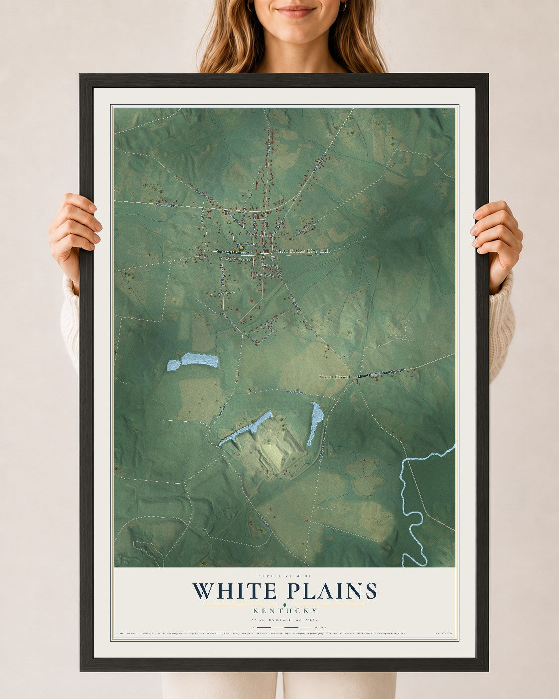 Map of White Plains, Kentucky, 24 x 36 inch print in a black wood frame