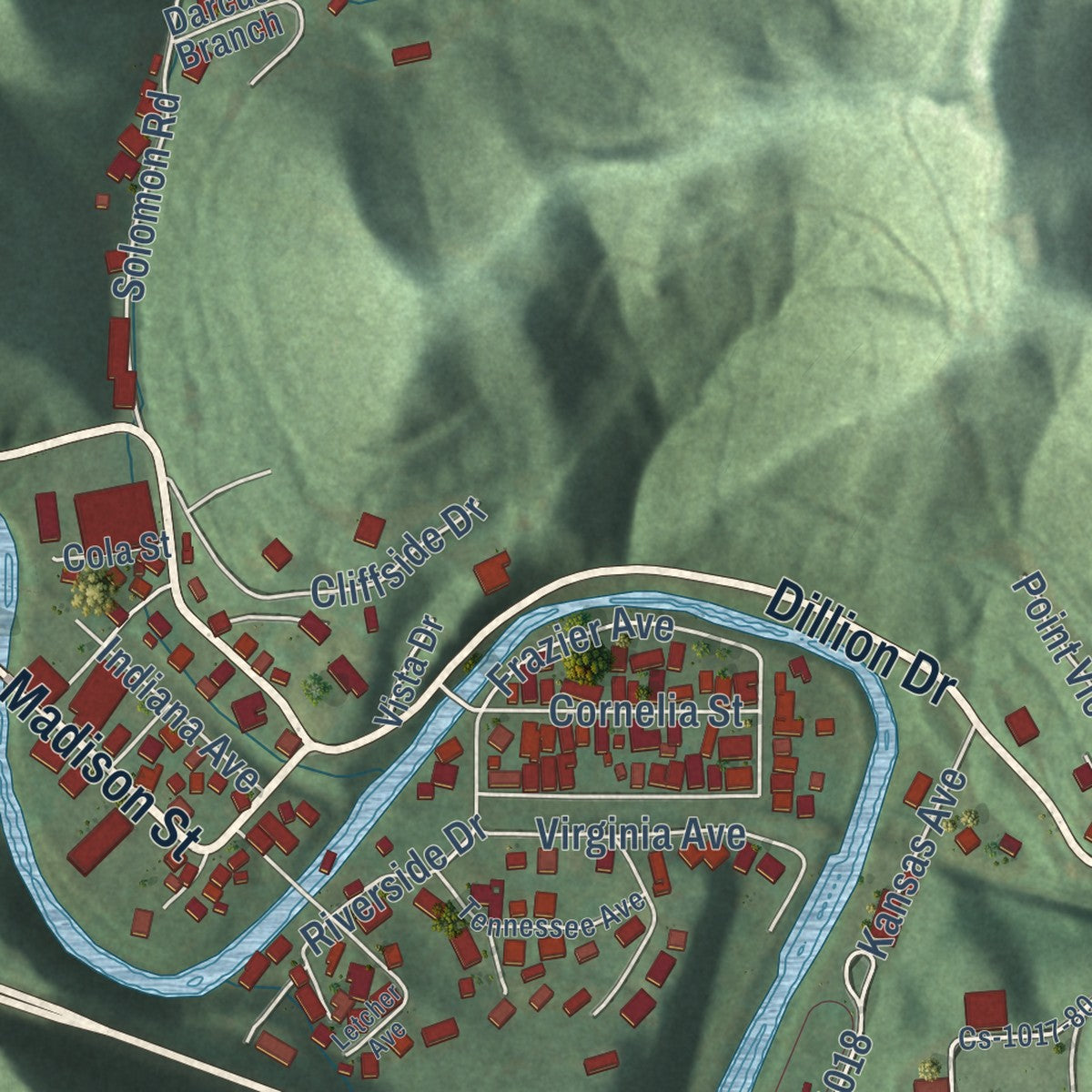 Second close-up of the map of Whitesburg, Kentucky print showing more streets and buildings