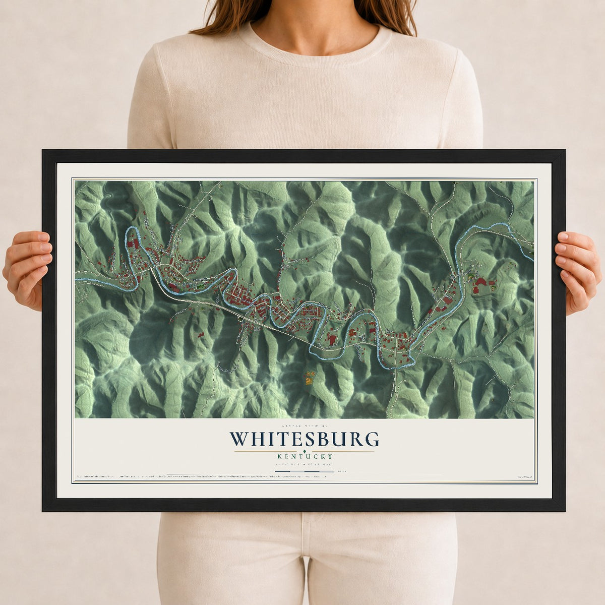 Map of Whitesburg, Kentucky, 12 x 18 inch print in a black wood frame