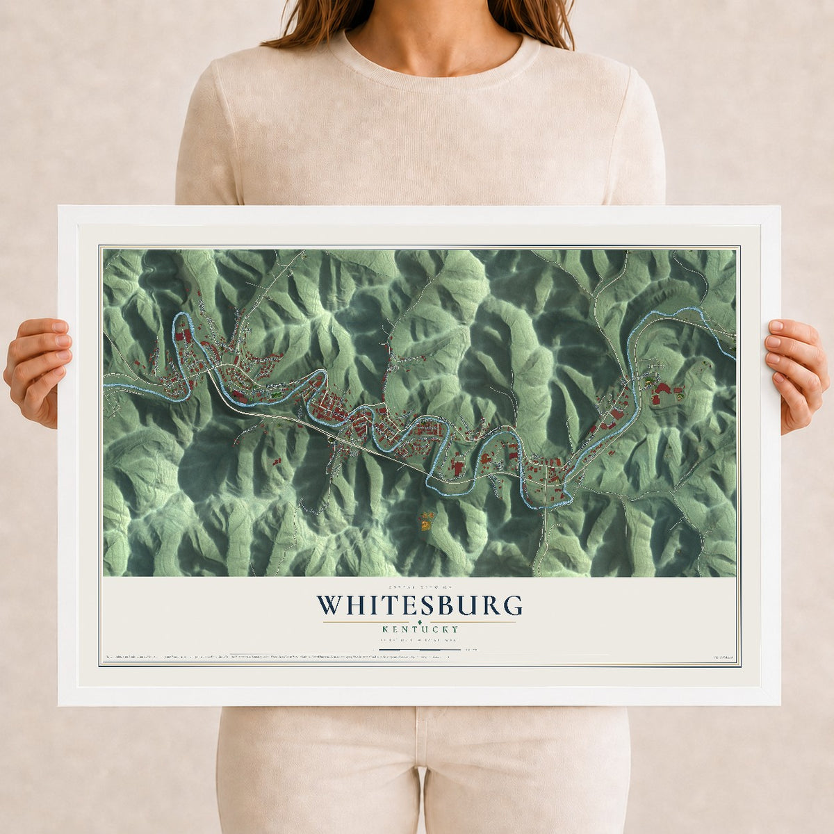 Map of Whitesburg, Kentucky, 12 x 18 inch print in a white wood frame