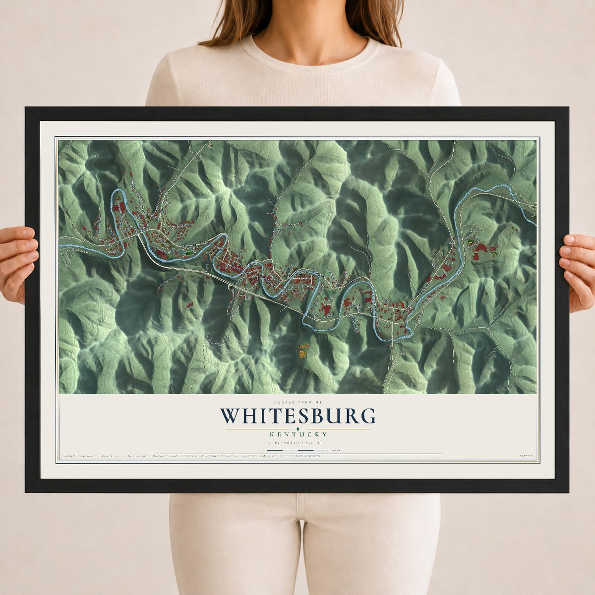 Map of Whitesburg, Kentucky, 18 x 24 inch print in a black wood frame