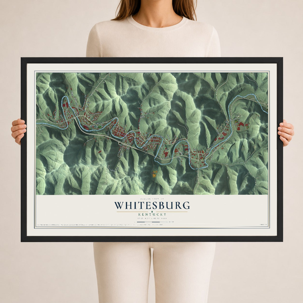 Map of Whitesburg, Kentucky, 24 x 36 inch print in a black wood frame