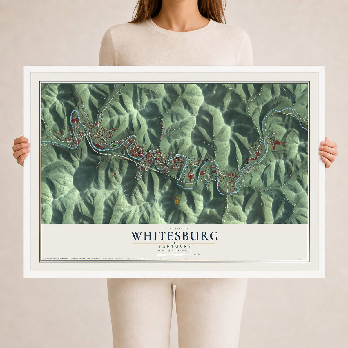 Map of Whitesburg, Kentucky, 24 x 36 inch print in a white wood frame