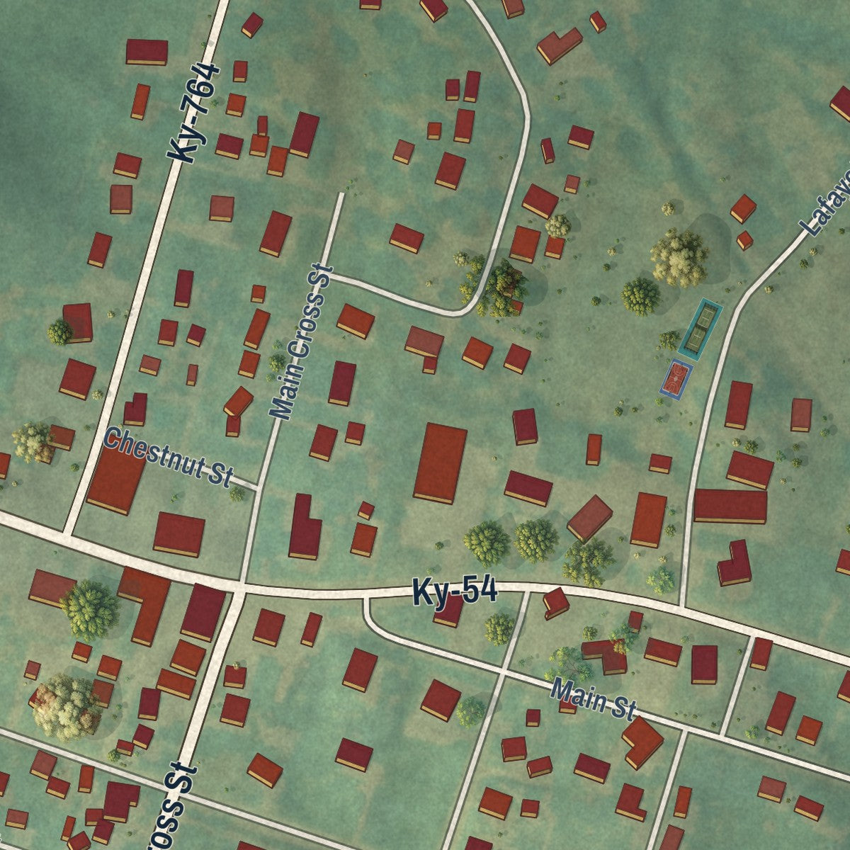 Close-up of the map of Whitesville, Kentucky print showing street and building detail