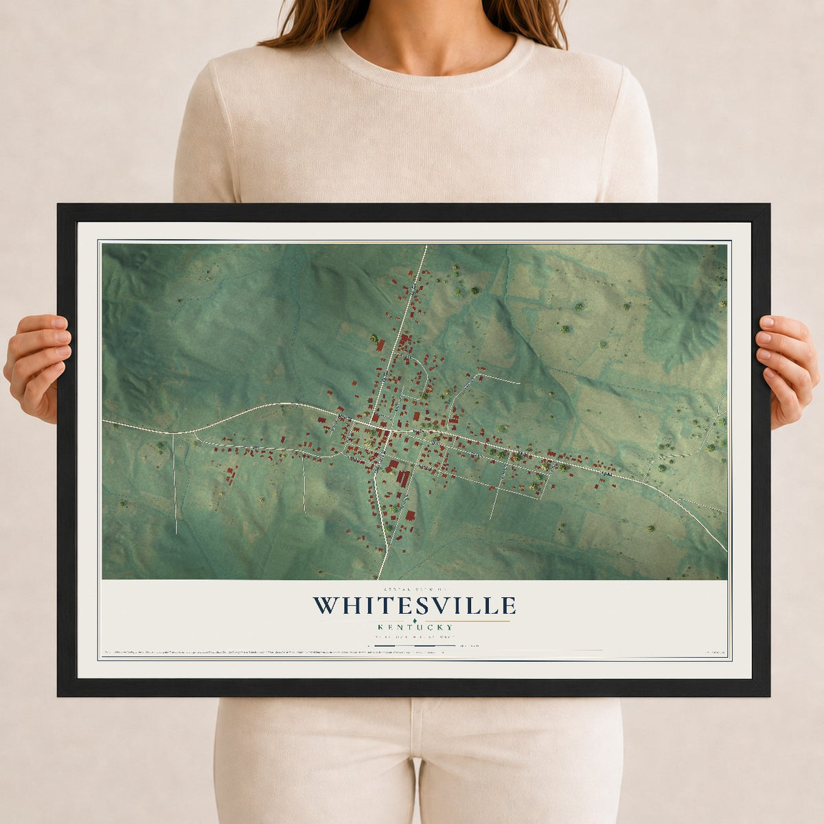 Map of Whitesville, Kentucky, 12 x 18 inch print in a black wood frame